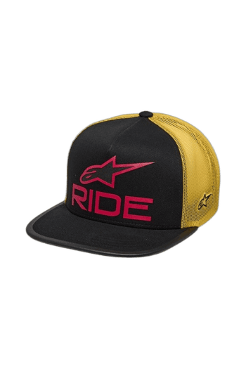 Black and yellow racing cap with pink 'RIDE' logo and star emblem, designed for motorsport enthusiasts.