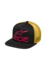 Black and yellow racing cap with pink 'RIDE' logo and star emblem, designed for motorsport enthusiasts.