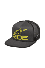 Black and grey racing cap with yellow 'RIDE' logo and Alpinestars emblem, designed for motorsport enthusiasts.