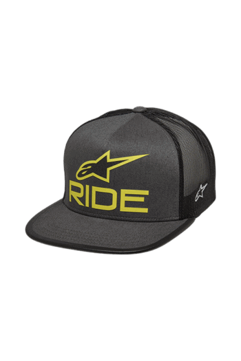 Black and grey racing cap with yellow 'RIDE' logo and Alpinestars emblem, designed for motorsport enthusiasts.