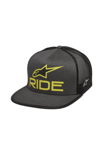 Black and grey racing cap with yellow 'RIDE' logo and Alpinestars emblem, designed for motorsport enthusiasts.