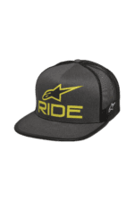 Black and grey racing cap with yellow 'RIDE' logo and Alpinestars emblem, designed for motorsport enthusiasts.