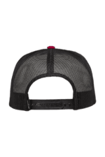 Black mesh trucker cap with adjustable strap and red button on top, ideal for motorsport enthusiasts and racewear fans.