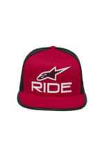 Red and black Alpinestars Ride cap with white logo, designed for motorsport enthusiasts.