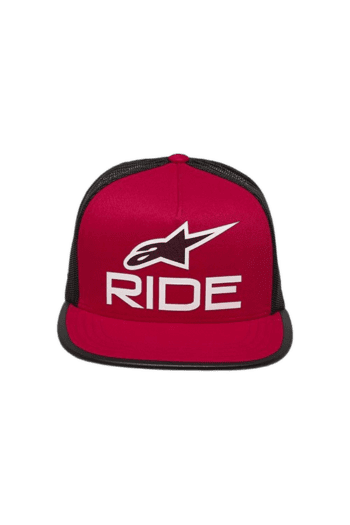 Red and black Grand Prix Racewear cap with white logo and 'RIDE' text, designed for motorsport enthusiasts.