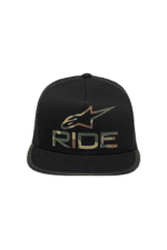 Black snapback cap with 'RIDE' logo and star design, ideal for motorsport fans and racewear enthusiasts.