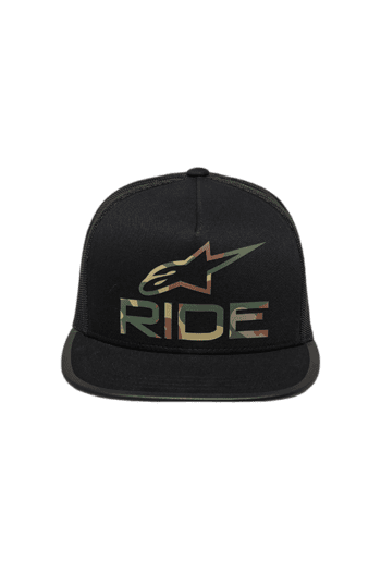 Black snapback cap with 'RIDE' logo and star design, ideal for motorsport fans and racewear enthusiasts.