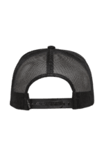Black mesh trucker cap with adjustable snapback closure, suitable for motorsport enthusiasts and racewear fans.