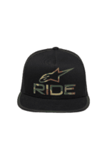 Black snapback cap with 'RIDE' and Alpinestars logo in multicoloured embroidery, ideal for motorsport enthusiasts.
