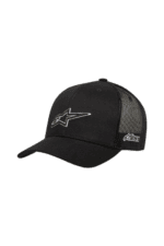Black Alpinestars racing cap with mesh back and embroidered logo, ideal for motorsport enthusiasts.