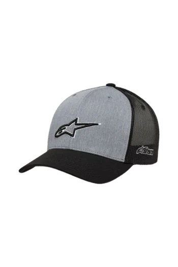 Alpinestars grey and black racing cap with logo, ideal for motorsport enthusiasts and racewear fans.