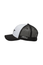 Black and white racing cap with mesh back and embroidered logo, ideal for motorsport enthusiasts and racewear fans.