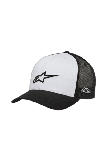 Alpinestars racing cap with black and white design, mesh back, and logo, ideal for motorsport enthusiasts and racewear fans.