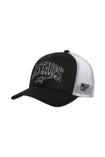 Black and white 'Stars' branded racing cap with adjustable strap, ideal for motorsport enthusiasts and racewear fans.
