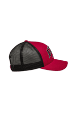 Red and black Grand Prix Racewear trucker cap with mesh back, featuring bold logo embroidery, ideal for motorsport fans and racers.