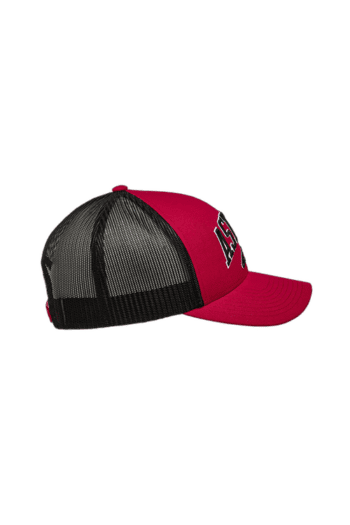 Red and black Grand Prix Racewear trucker cap with mesh back, featuring bold logo embroidery, ideal for motorsport fans and racers.