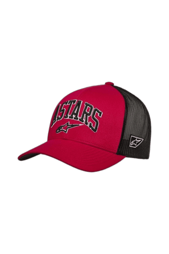Red and black Grand Prix Racewear cap with 'STARS' logo and Alpinestars branding, designed for motorsport enthusiasts.