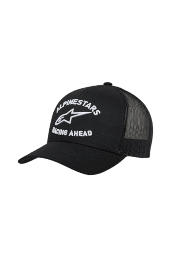 Black racing cap with 'Alpinestars Racing Ahead' logo and mesh back, ideal for motorsport enthusiasts and racewear fans.