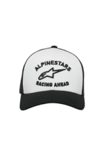 Alpinestars racing cap with logo and text, black and white design, ideal for motorsport enthusiasts.