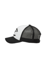 Black and white Grand Prix Racewear trucker cap with logo, adjustable strap, and mesh back for racing enthusiasts.