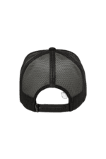 Black mesh trucker cap with adjustable strap, ideal for motorsport enthusiasts and racewear fans.