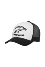 Alpinestars racing cap with logo and slogan, black and white design, suitable for motorsport enthusiasts.