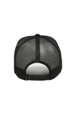 Black mesh trucker cap with adjustable strap, ideal for motorsport enthusiasts and racewear fans.