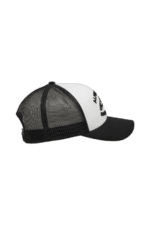 Black and white Grand Prix Racewear trucker cap with mesh back and logo embroidery, ideal for motorsport fans and racers.