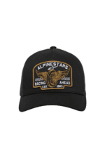 Black baseball cap with embroidered 'Alpinestars Racing Ahead' logo featuring a wheel and wings, suitable for motorsport enthusiasts.