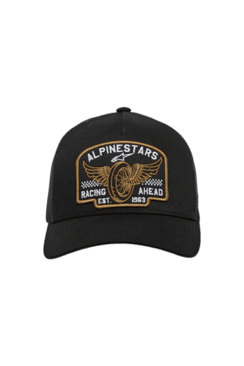 Black baseball cap with embroidered 'Alpinestars Racing Ahead' logo featuring wings and a racing wheel, suitable for motorsport enthusiasts.