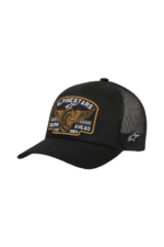 Black and grey racing cap with embroidered patch featuring eagle and text 'All Pinetars Racing Ahead' for motorsport enthusiasts.