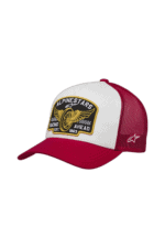 Red and white Grand Prix Racewear cap with embroidered logo and winged emblem, adjustable strap, and sporty design.