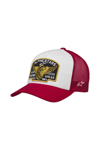 Red and white Grand Prix Racewear cap with embroidered logo and winged emblem, adjustable strap, and sporty design.