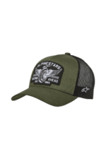 Green and black racing cap with Allpine Stars logo, mesh back, and adjustable strap, ideal for motorsport enthusiasts.