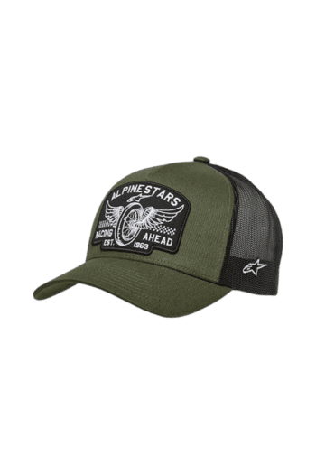 Green and black Grand Prix Racewear cap with Allpine Stars logo and racing design, ideal for motorsport enthusiasts.