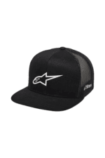 Black Alpinestars racing cap with mesh back and white logo, ideal for motorsport enthusiasts.