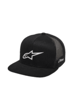Black Alpinestars racing cap with mesh back and white logo, ideal for motorsport enthusiasts.
