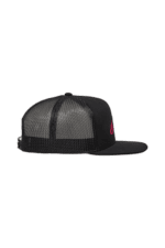 Black and grey Grand Prix Racewear trucker cap with pink logo, adjustable strap, and mesh back for racing enthusiasts.