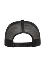Black mesh trucker cap with adjustable strap, ideal for motorsport enthusiasts and racewear fans.