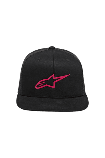 Black cap with pink Alpinestars logo, ideal for motorsport enthusiasts and racewear fans.
