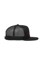 Black and grey mesh trucker cap with pink logo, ideal for motorsport fans and racewear enthusiasts.
