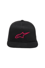 Black snapback cap with pink Alpinestars logo, ideal for motorsport enthusiasts and racewear fans.