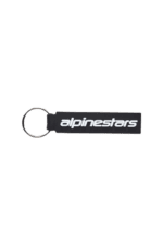 Alpinestars branded keychain with black strap and white logo, used for motorsport safety gear.