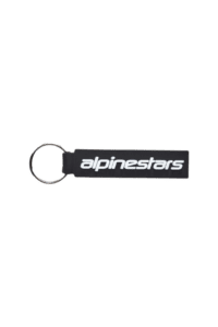 Alpinestars branded keychain with black strap and white logo, used for motorsport safety gear.