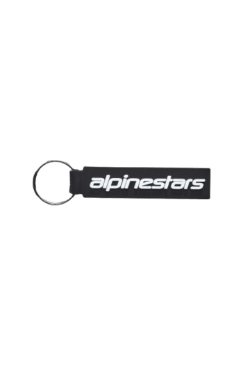 Alpinestars branded keychain with black strap and white logo, used for motorsport safety gear.