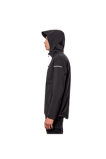 Close-up of a person wearing a black Grand Prix Racewear waterproof racing jacket with a hood, designed for motorsport enthusiasts.