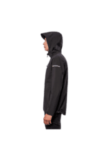 Close-up of a person wearing a black Grand Prix Racewear racing jacket with a hood, side profile view.