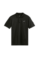 Black polo shirt with a small white logo on the chest, suitable for motorsport enthusiasts and racewear fans.