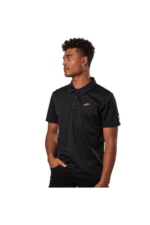 Young man wearing a black Grand Prix Racewear polo shirt with logo, standing in profile against a plain background.