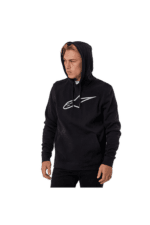 Young man wearing a black Grand Prix Racewear hoodie with a white logo, looking to the side against a plain background.